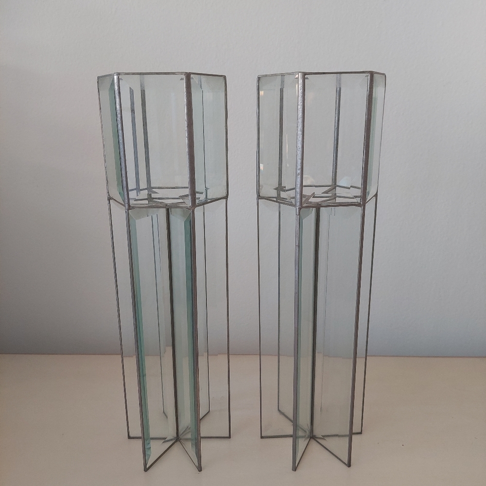 Beveled Glass and Pewter Candleholders